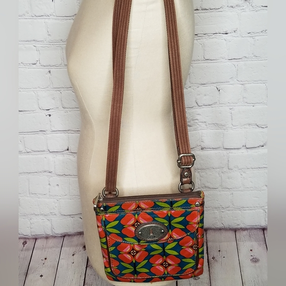 Fossil Key Per Crossbody Bag Coated Canvas Geometric Design Strap - Picture 1 of 11